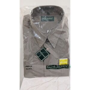 Harve Benard Vintage Mens Dress Shirt Tan Micro Check 17.5 34/35 Regular Fit